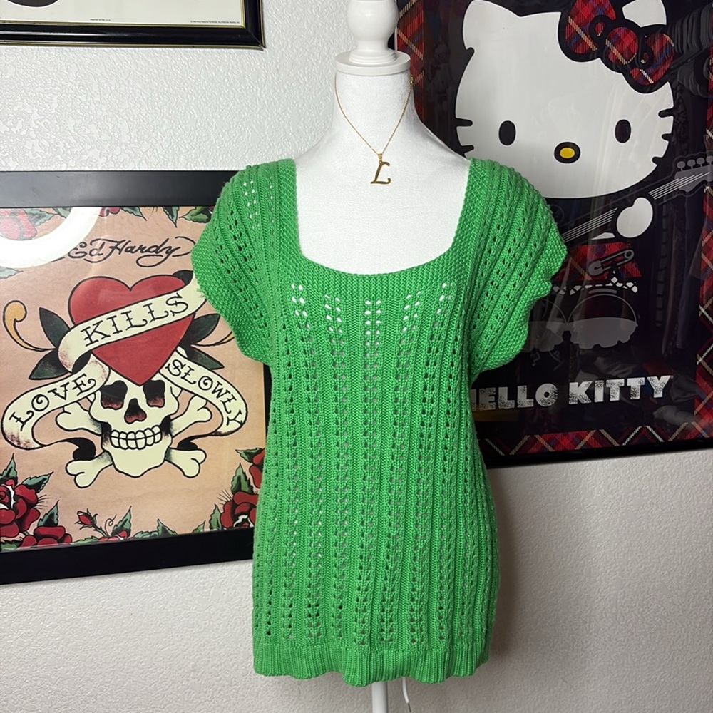 Isaac Mizrahi Green Knit Crochet Coverup Dress Boho Indie Beach Summer